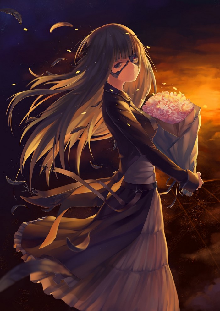 Anime girl with long hair holding flowers at sunset