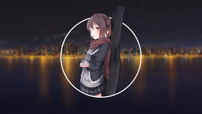 Anime girl with guitar case in city at night