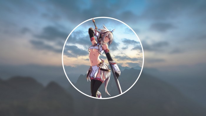 Anime girl with spear in mountains