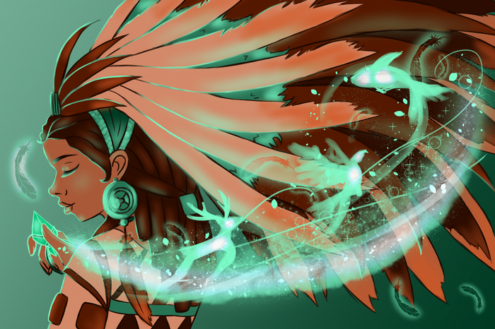 Woman with large feathered headdress and glowing spirits