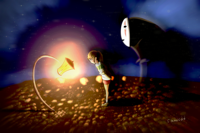 Chihiro and No-Face from Spirited Away at night