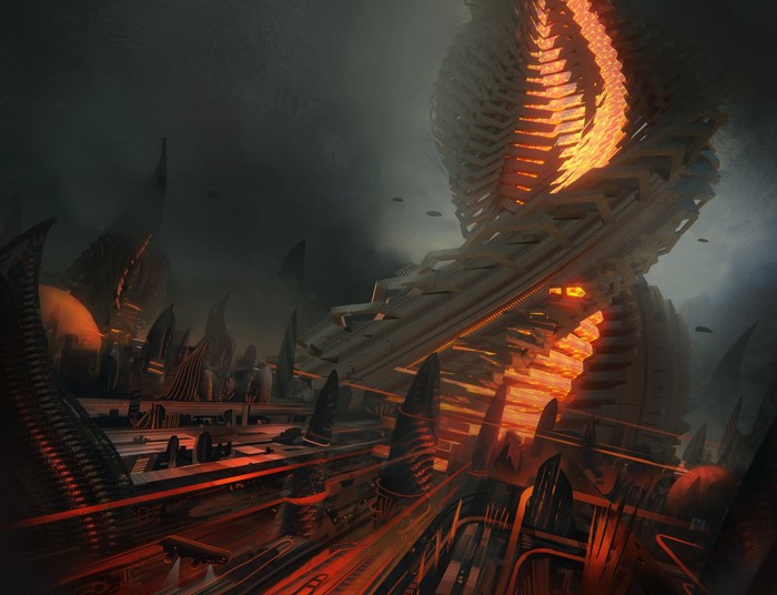 Science fiction cityscape with futuristic architecture and flying vehicles