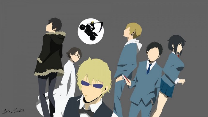 Durarara characters illustration with Celty Sturluson's symbol