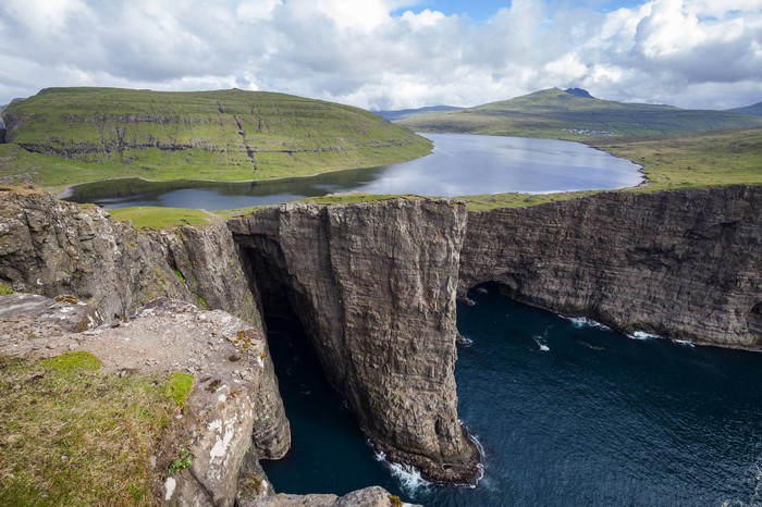 Lake Sørvágsvatn cliff overlooking the ocean, Faroe Islands