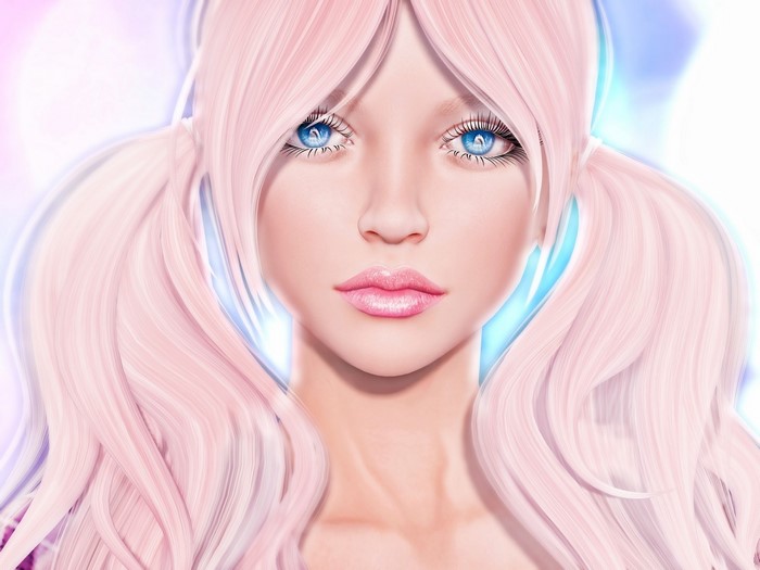 Illustration of a woman with pink hair and blue eyes