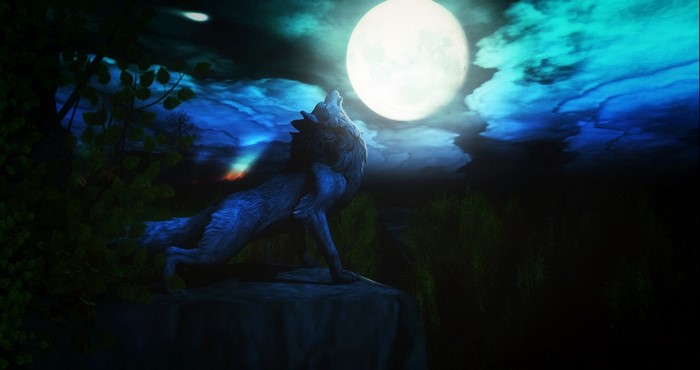 Wolf howling at the moon in a fantasy landscape