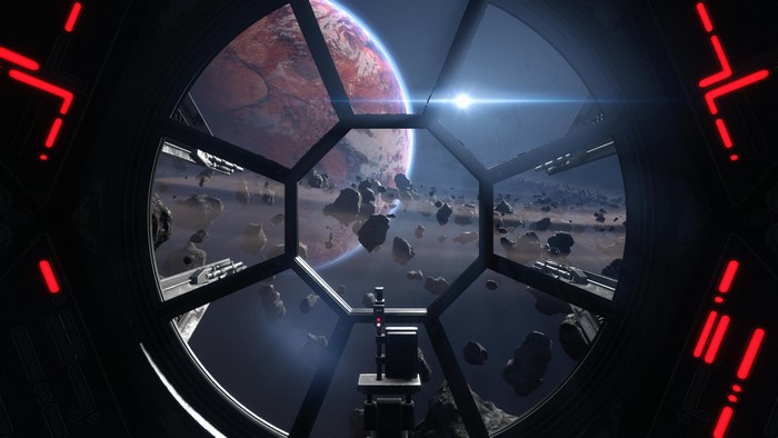 View from TIE Fighter cockpit through asteroid field towards planet