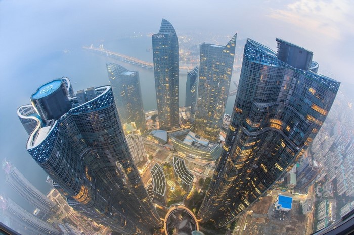 Busan cityscape with skyscrapers and bridge