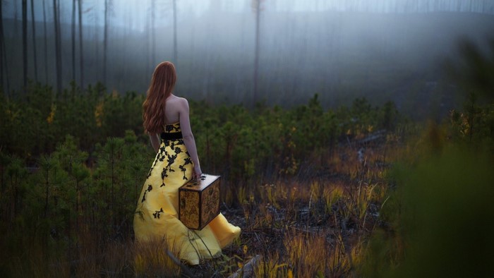 Woman in yellow dress with suitcase in foggy forest
