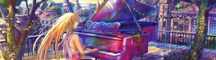 Girl with yellow hair playing a piano in a park