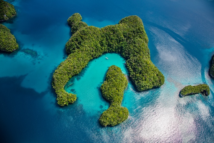 Aerial view of lush green islands in Palau