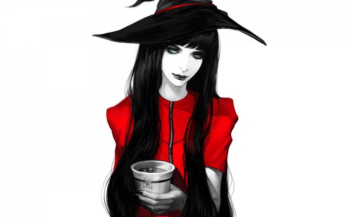 Illustration of a witch in a red dress holding a cup