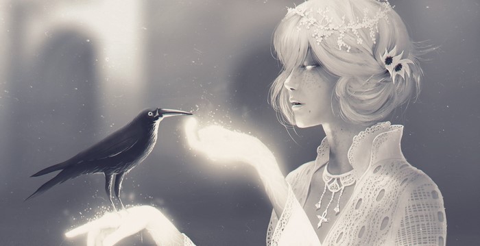 Ethereal Fantasy Girl with Raven in Monochrome