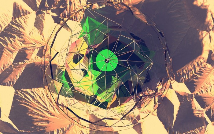 Abstract geometric sphere over textured landscape