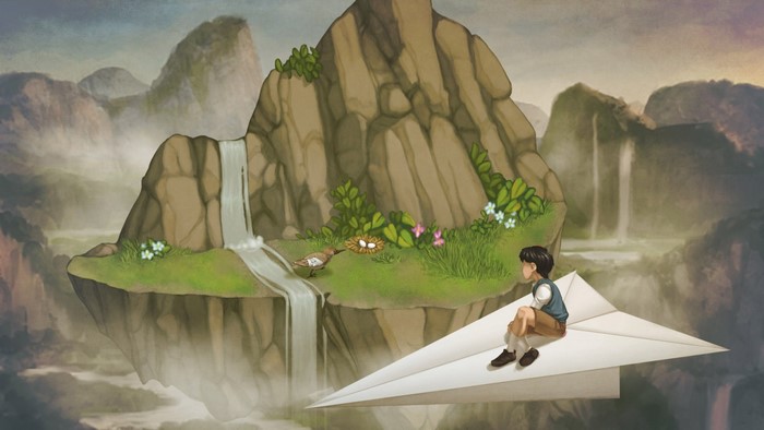 A boy on a paper airplane near a floating island with a waterfall and a bird's nest