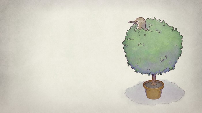 A Bird Story illustration of a bird in a potted bush
