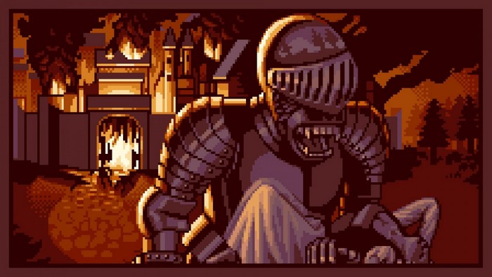 Knight in armor in front of a burning castle