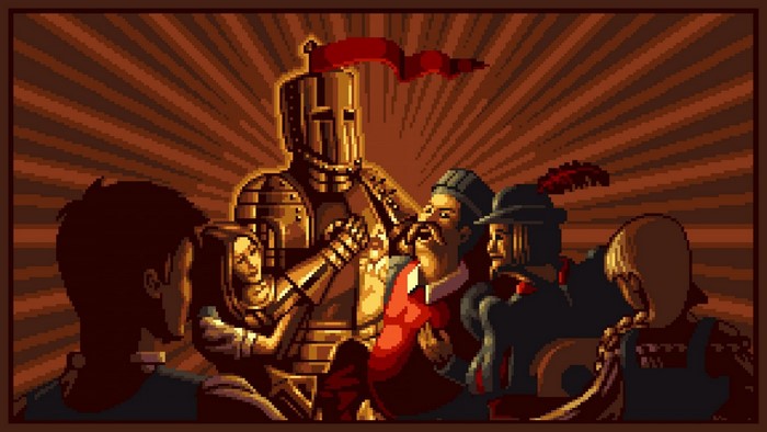 A Knight and people in a pixel art illustration