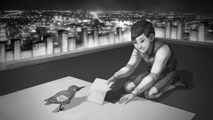 A boy and a bird on a rooftop at night