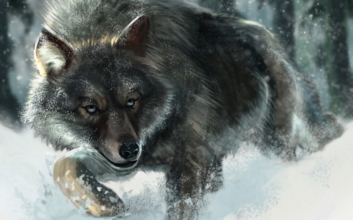 Artwork of a wolf running through snow