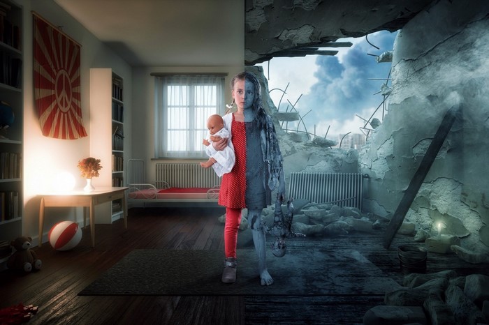 Girl in a room and a ruined city