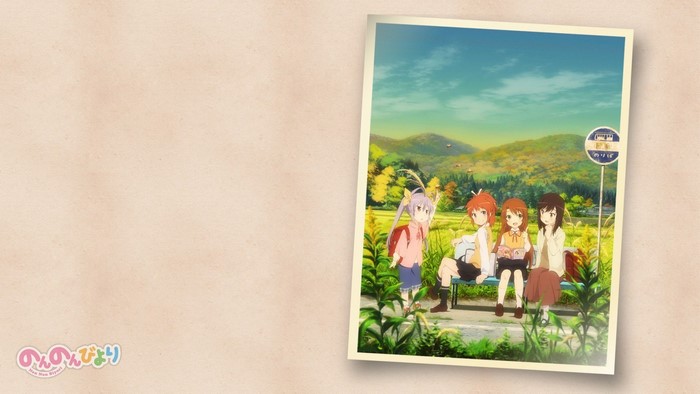 Non Non Biyori characters at a bus stop