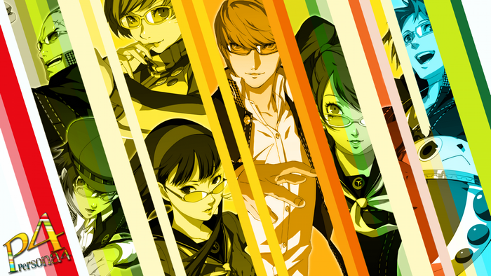 Persona 4 characters illustration with colorful stripes