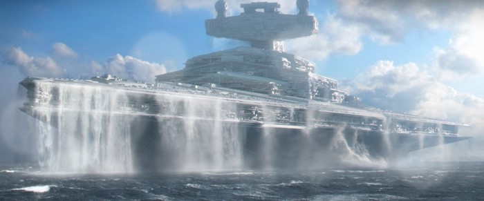 Star Destroyer emerging from water with waterfalls