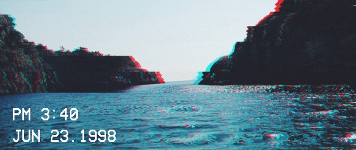 Glitch art of a sea bay with cliffs and waves