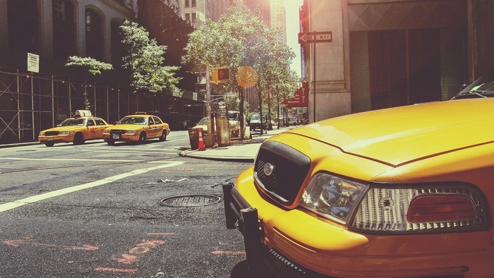 Yellow taxis on a city street in New York