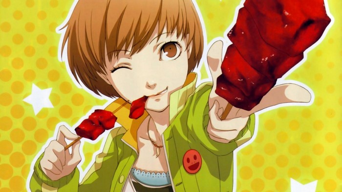 Chie Satonaka from Persona 4 eating food on a stick