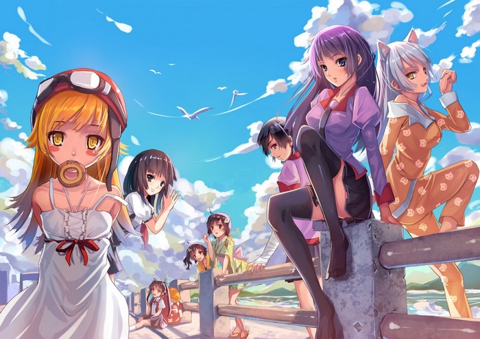 Monogatari Series characters on a pier