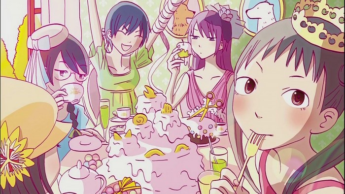 Girls from Monogatari Series at a tea party