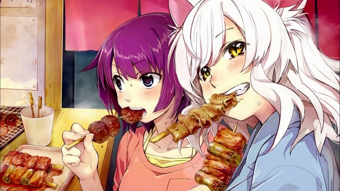 Anime girls eating skewers