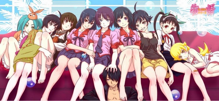 Monogatari Series characters sitting on a couch