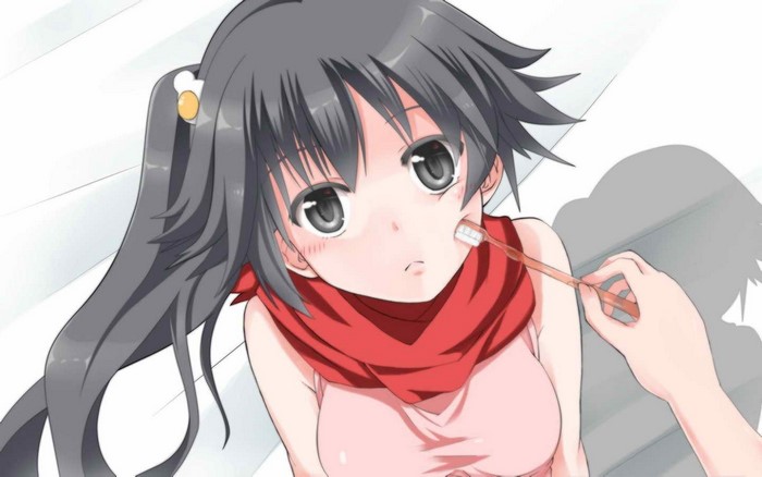 Araragi Karen from Monogatari Series brushing teeth
