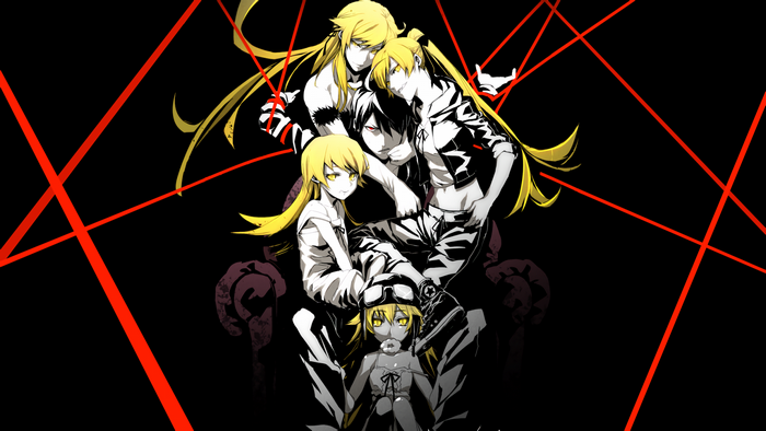 Monogatari Series characters on a chair with red lines