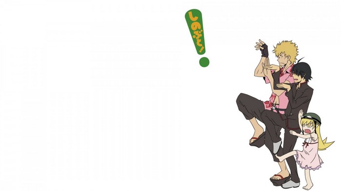 Oshino Shinobu, Araragi Koyomi, and Oshino Meme from Monogatari Series