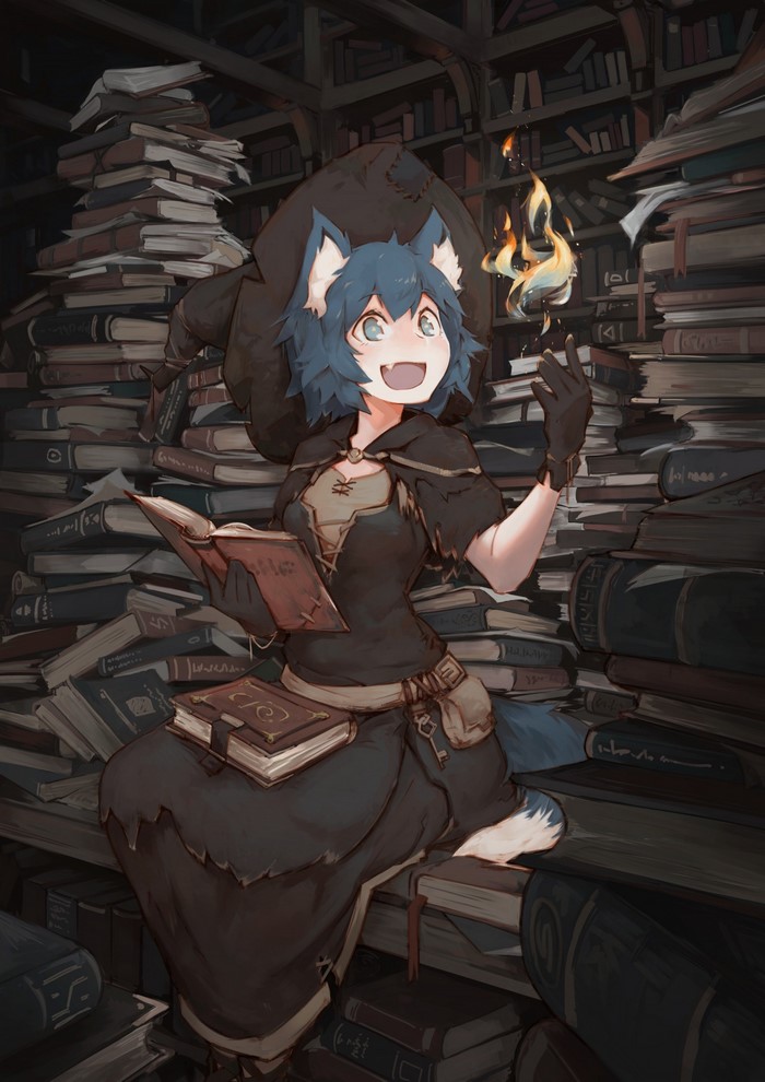 Anime girl with blue hair and animal ears in a library