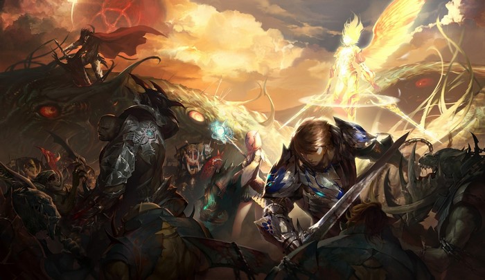 Fantasy battle with armored warriors and winged angel
