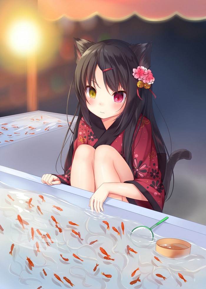Nekomimi girl at a goldfish scooping festival