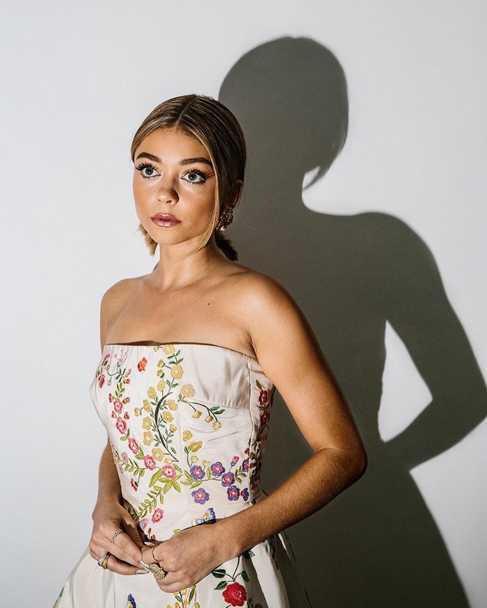 Sarah Hyland in a floral strapless gown