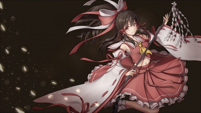 Hakurei Reimu from Touhou holding a staff