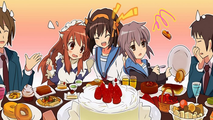 The Melancholy of Haruhi Suzumiya characters at a dessert party