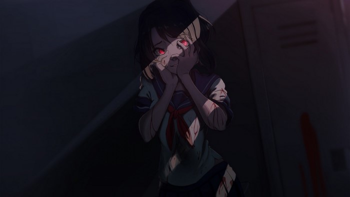 Yandere chan from Yandere Simulator in dark hallway