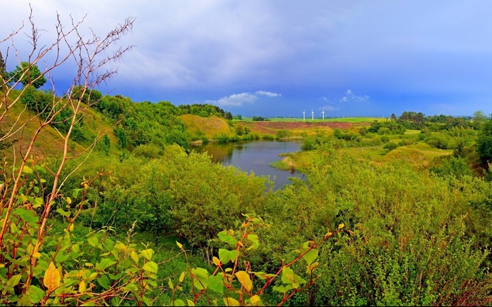 Wind turbines in a green landscape with a lake