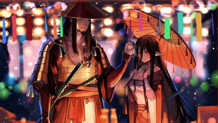 Samurai and girl at a festival