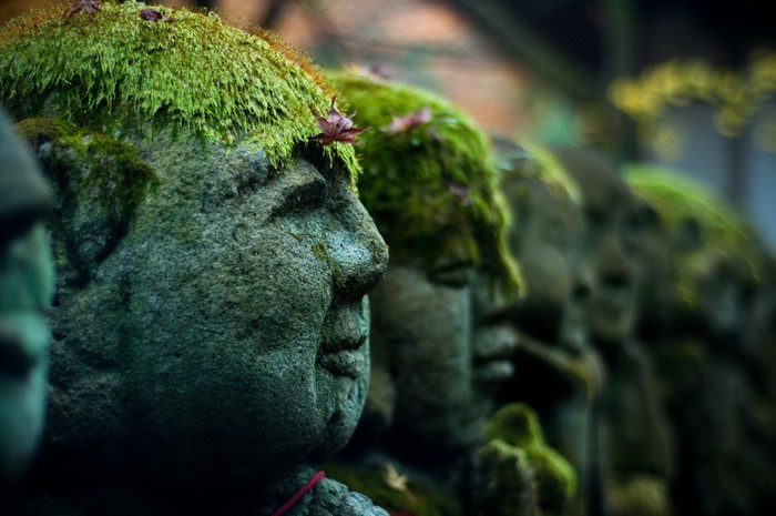 Moss-covered stone statues in a row