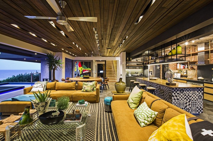 Modern living room with ocean view and open kitchen