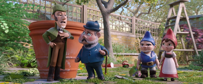 Sherlock Gnomes characters in a garden